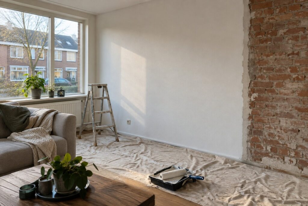 Vers geschilderde renovlieswand naast een kale bakstenen muur tijdens een verbouwing, verfroller op een afdoek